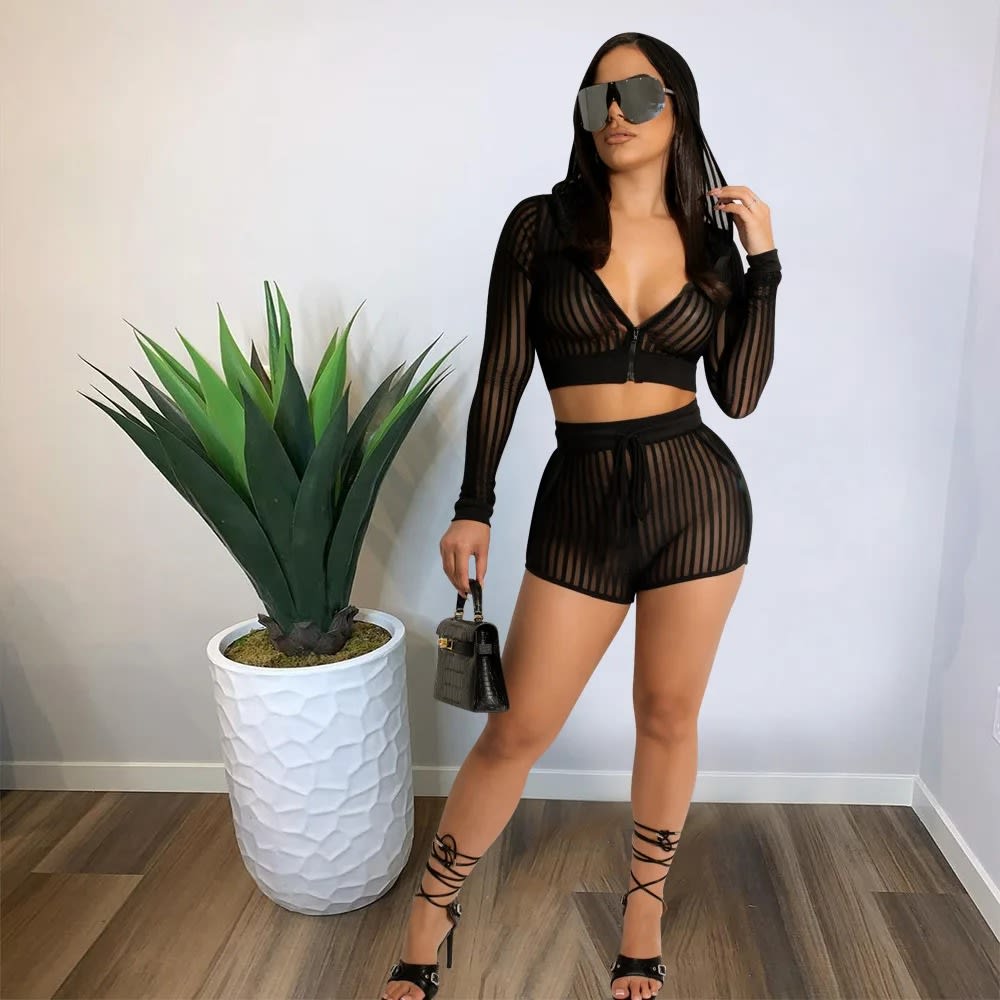 Sheer Mesh Black White 2 Piece Set: Zipper Hooded Crop Top + Shorts